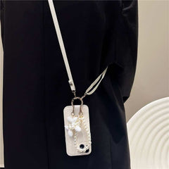 Camellia Flower and Puppy Pearl Charm Leather Crossbody Lanyard Phone Case for iPhone 11 Series