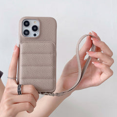 Down Jacket Wallet Card Holder Phone Case with Lanyard for iPhone 12 Series