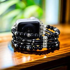 Black Agate Beaded Elastic Bracelet Watch Band