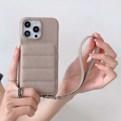 Down Jacket Wallet Card Holder Phone Case with Lanyard for iPhone 14 Series